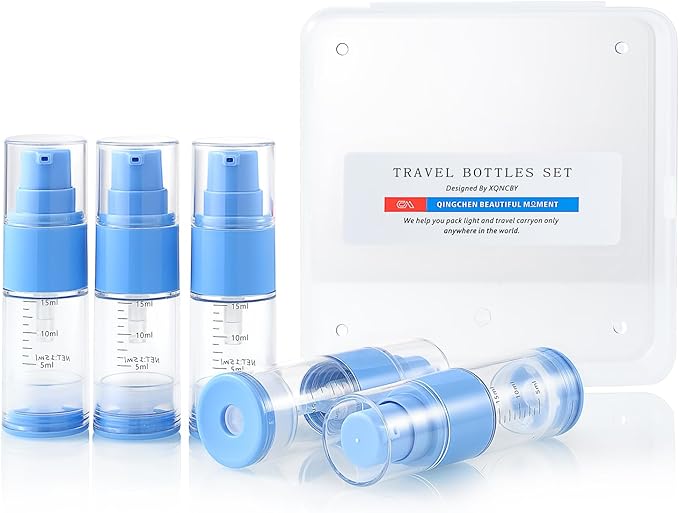 0.5oz/15ml Travel Airless Pump Bottles, 5 Pack Refillable Vacuum Cosmetic Containers with Clear Organizer Case & Labels, Small Lotion Dispenser Bottles for Skincare, Toiletries & Cosmetics