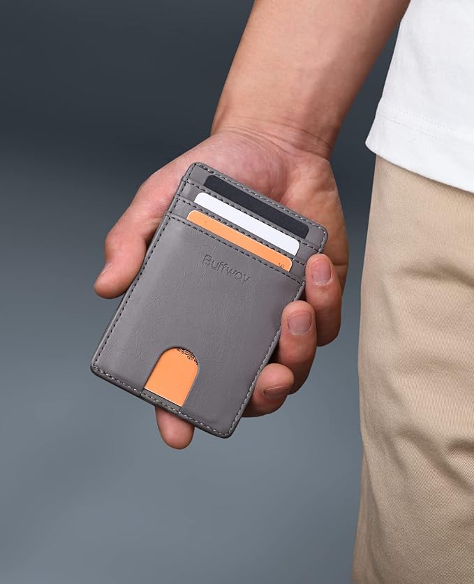 Buffway Mens Slim Wallet, Minimalist Thin Front Pocket Leather Credit Card Holder with RFID Blocking for Work Travel | Minimalist, Thin, Front Pocket, Credit Card Holder, RFID Blocking, for Work Travel