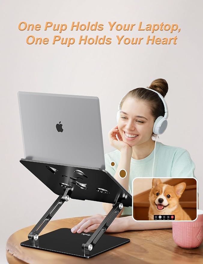 Laptop Stand for Desk-Adjustable, Foldable, Portable, Ergonomic Aluminum Notebook Riser with Unique Puppy Cooling Vent, Desk Gift for 10-17.3" Devices Mac, Dell, HP, Lenovo, Samsung, Black