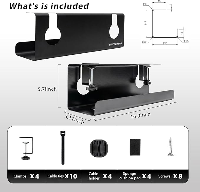 No Drill Under Desk Cable Management Tray with Clamp, Home/Office Desk Cord Organizer and Accessories Storage Shelf, 17'' Metal Cable Organizer for Standing/Gaming Desk, Office Supplies, Black 2 Set