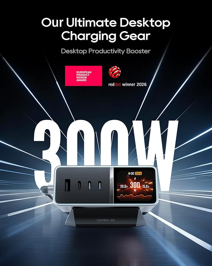 CUKTECH 30 Ultra Desktop Charging Station, 300W Max DC and 140W USB C Charger, 5-Port Fast GaN Charger, Compatible with iPhone, Galaxy, MacBook, Razer, Dell for Home Office, Gaming Desk Accessories