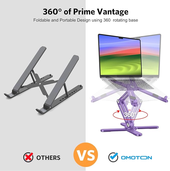 OMOTON 360° Rotating Laptop Stand Riser for Desk, Ergonomic Foldable Computer Stand Adjustable Height Angles for Collaborative Work, Easy Storage Fit Macbooks,All Laptops up to 16 inches, Purple