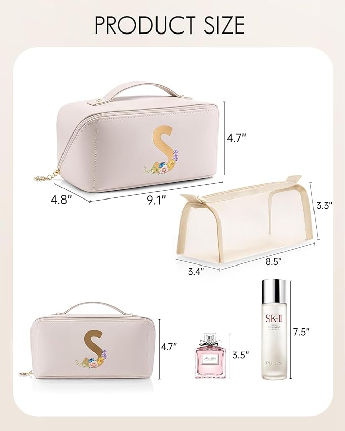 VLANDO Bridesmaid Gifts for Wedding Day,Makeup Travel Bag, Gift Ideas for Women,Traveler,Maid Of Honor Personalized Bachelorette Party Gifts Birthday Gifts for Women Female(Letter S)