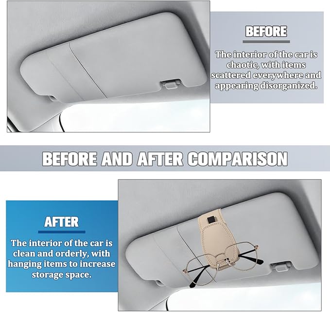 Sunglass Holder for Car Visor, Magnetic Leather Vehicle Sun Visor Storage Clip for Different Size Eyeglasses, Automotive Interior Glasses Ticket Card Clip, Universal for SUV RV Truck (Beige)