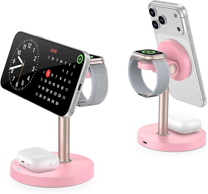 3 in 1 Magnetic Wireless Charging Station, 15W Fast Charger Stand for iPhone, Phone Charger Stand for Desk Nightstand, for iPhone 17/16/15/14/13/12, Apple Watch & AirPods, Adapter Not Included -Pink