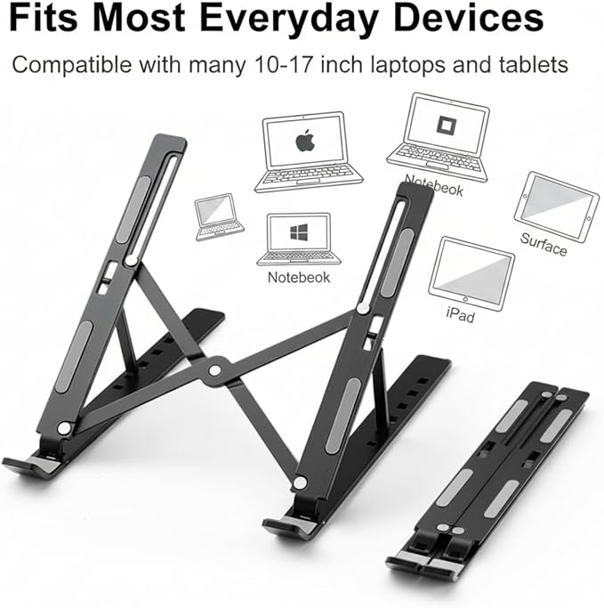 Adjustable Laptop Stand, Foldable Aluminum Laptop Riser for Desk, Portable Ergonomic Notebook Holder for 10-17 Inch Laptops, iPad & Tablet (Silver,Plastic)