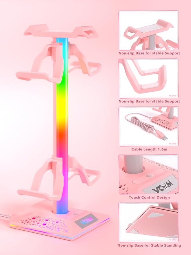 VCOM RGB Gaming Headphones Stand with 2 USB Ports, Pink Headset Stand with 10 Light Modes and Non-Slip Rubber, Suitable for PC Desk Accessories Gamers Gift(Pink)