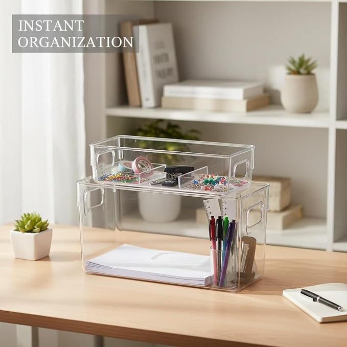 Clear PET Storage Box for Office Desk, Stackable Organizer Bin for A4 Documents and Supplies
