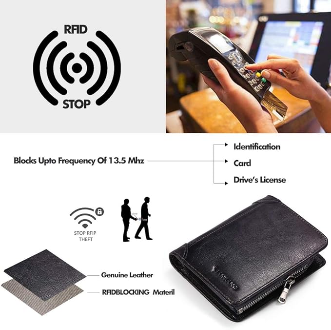 MANBANG Mens Wallet Zipper Genuine Leather RFID Card Holders Cowhide Zip Coin Pocket Bifold wallets for men