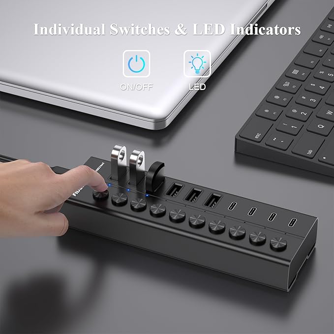 FIDECO 60W Powered USB Hub for Laptop and PC, 10-Port 10Gbps USB Splitter with 12V 5A Power Adapter, Aluminum USB 3.2 Gen 2 Multiport Adapter, 6 USB-A and 4 USB-C Ports, Support BC1.2 Charging (Black)