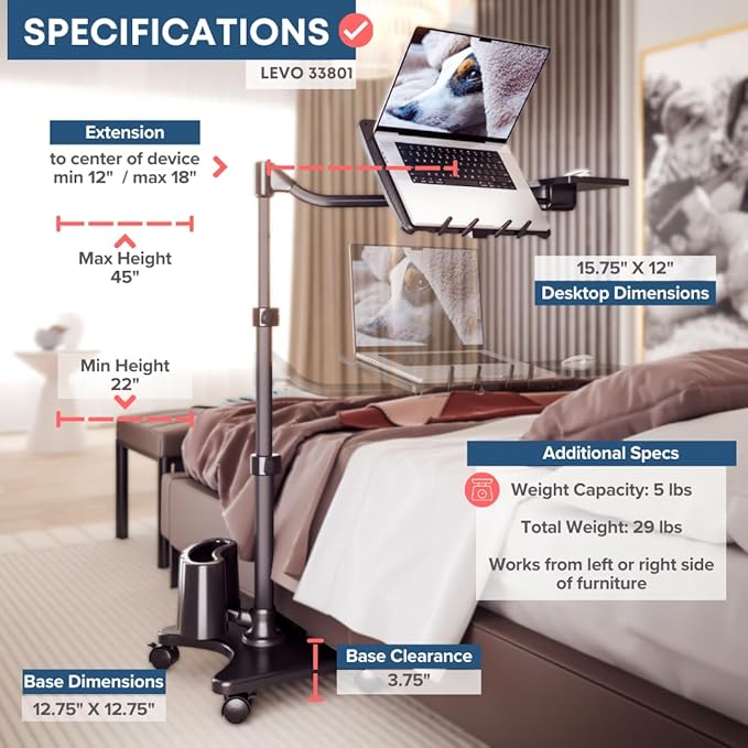 LEVO G2 Deluxe Adjustable Laptop Stand ??Rolling Computer Desk & Ergonomic Table for Bed, Sofa, or Office ??Portable Mobile Workstation with Tilt ??Fits Devices up to 16??- Charcoal & Black