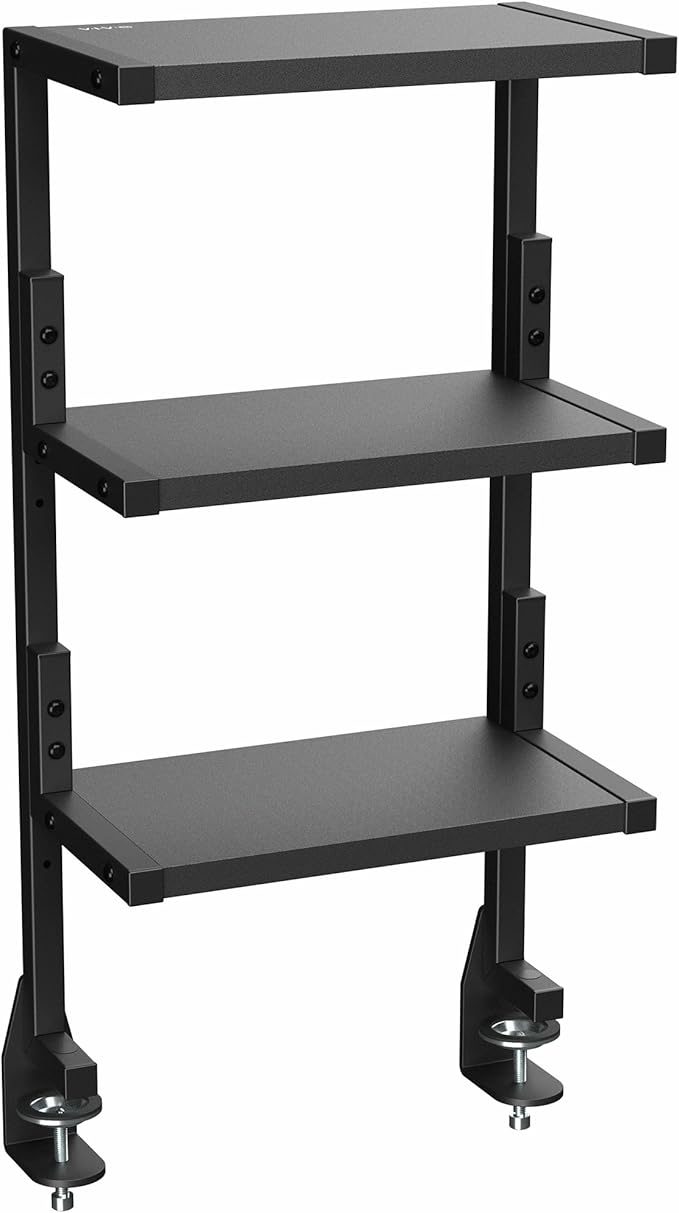 VIVO Clamp-on 13 inch Above or Below Desk 3-Tier Shelving Unit for Table Accessories, Gaming Devices, and More, Storage Tray, Desktop Organizer, Black, STAND-SHELF3C