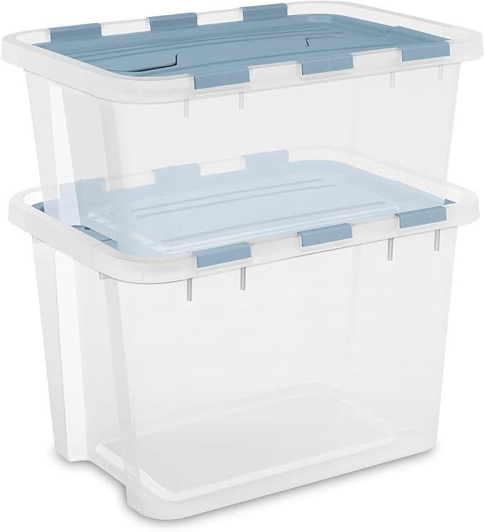 Sterilite 12 Pack Hinged Lid Storage Box, 20 Qt Plastic Container, Washed Blue - Home Organizer Tote for Storing Shoes, Crafts, Clothing, or Decor