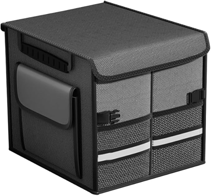 HZEL Car Trunk Organizer with Lid, Foldable Slip Resistant Multi-Compartment Vehicle Cargo Storage Box, Collapsible Waterproof Automotive Trunk Organizer, Universal for SUV Van Truck (Gray)