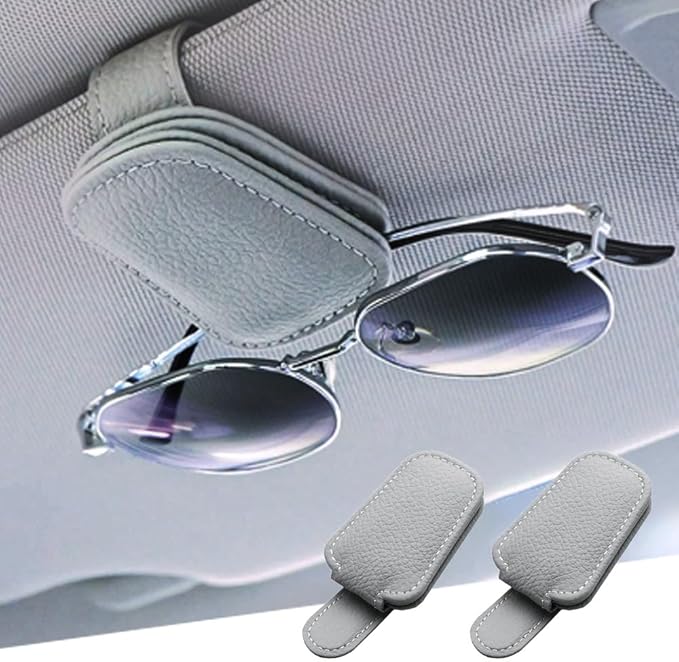 Sunglass Holder for Car Clip for Car Visor Upgrade Magnetic Leather Visor Sunglasses Clip Ticket Holder，2 Packs(Grey 2PCS)
