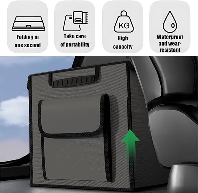 Car Trunk Organizer, Multi-Compartment Collapsible Vehicle Cargo Storage Organizer with Lid, Non Slip Waterproof Storage Box with Reinforced Handles, Universal Automotive Accessories (Grey)