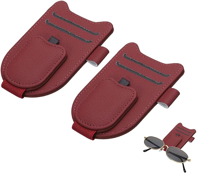 HARFINGTON 2 Pcs Sunglass Holder for Car Magnetic Leather Glasses Holder Universal Visor Sunglasses Clip Car Accessories Interior for Glasses Ticket Cards,Wine Red