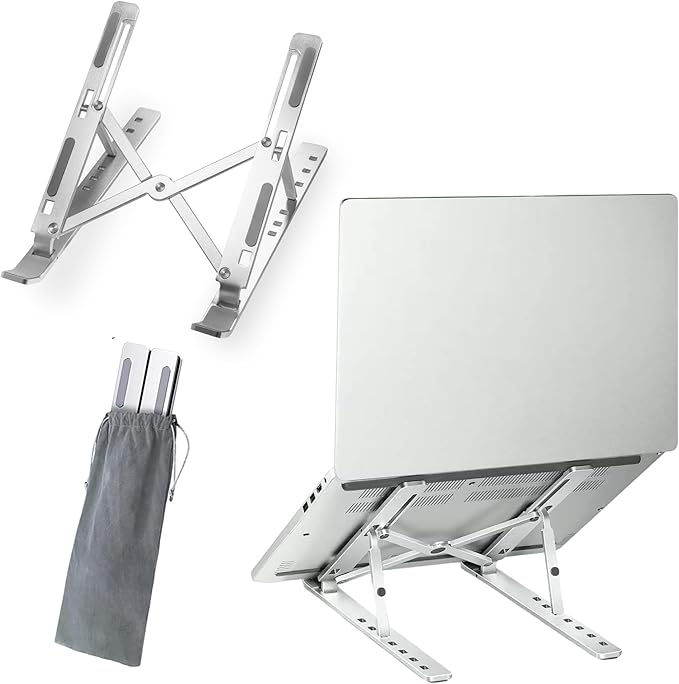 FlexElevate 7-Level Adjustable Laptop Stand, Silver Color, Carbon Steel Ergonomic Riser for Desk, Compatible with 9''-17.3'' Laptops, Portable & Sturdy Holder