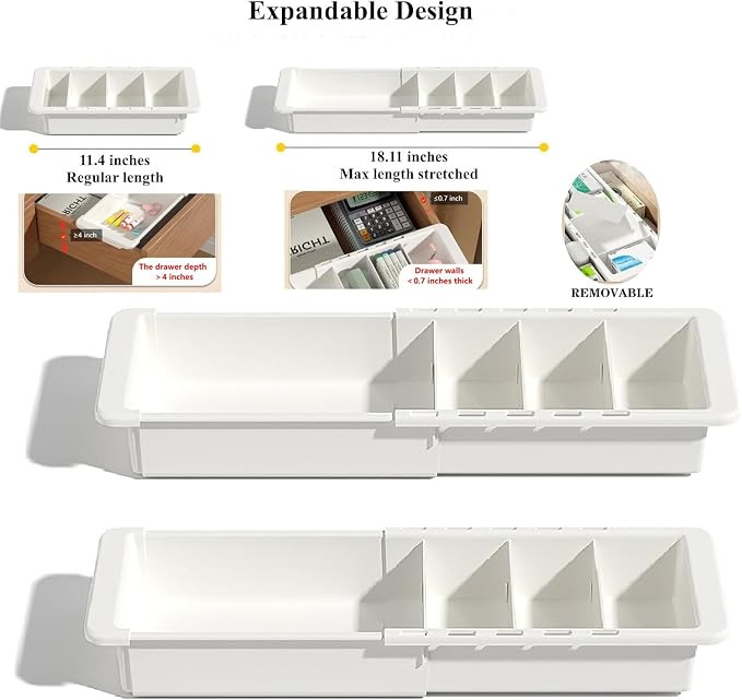 YOOUSOO Expandable Drawer Organizer, 2 PCS Adjustable Drawer Organizer Trays, Drawer Dividers Organizers and Storage For Office Supplies, Pens, Makeup,Utensils, Tools, Flatware and Junks, White