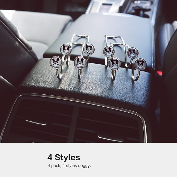 4 Pack Cute Car Hooks for Bags, Strong Universal Stainless Steel Car Headrest Hooks, Car Seat Hanger Hooks for Purses & Grocery Bag (Dog)