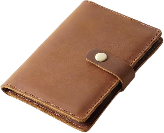 Genuine Full Grain Leather Passport Holder, Slim Bifold with Snap Button Closure, 5 Card Slots, Men's Travel Wallet (TAN)