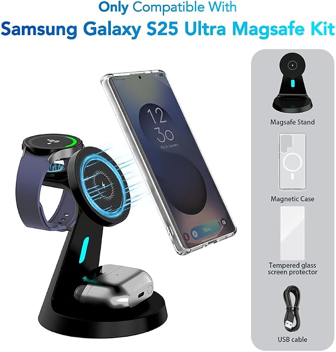 for Samsung Galaxy S25Ultra Dedicated Magnetic Charging Kit，3 in 1 Charging Station Compatible with MagSafe Samsung Charger for Watch Charger Stand for Galaxy Watch Ultra 8 7, for Buds
