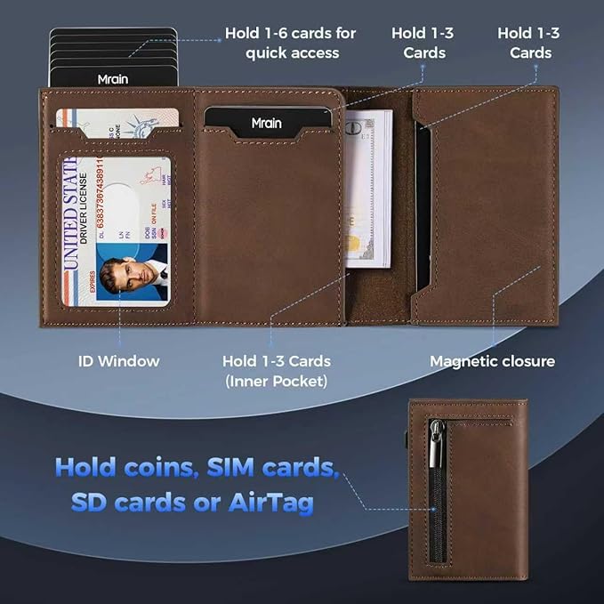Mens Slim Minimalist Wallet Card Holder with Coin Pocket, Cash Slot, Magnetic Closure, Pop Up Aluminum Case, ID Window, Leather Wallet, RFID Blocking, 9-13 Card Capacity, Crazy Horse Brown