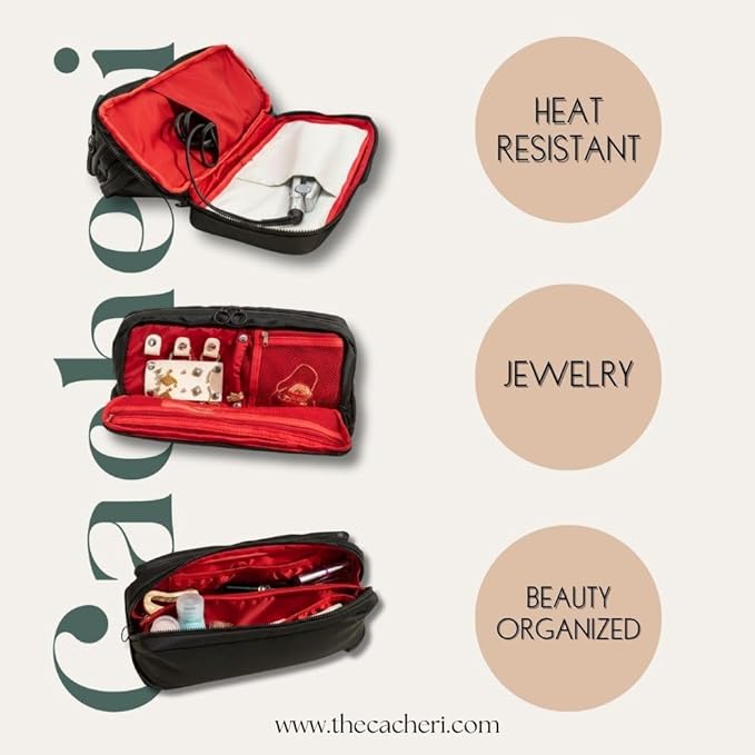 All in One Travel Toiletry Bag, Makeup Bag with Jewelry Compartment and Heat-Resistant Pocket for Hair Tools