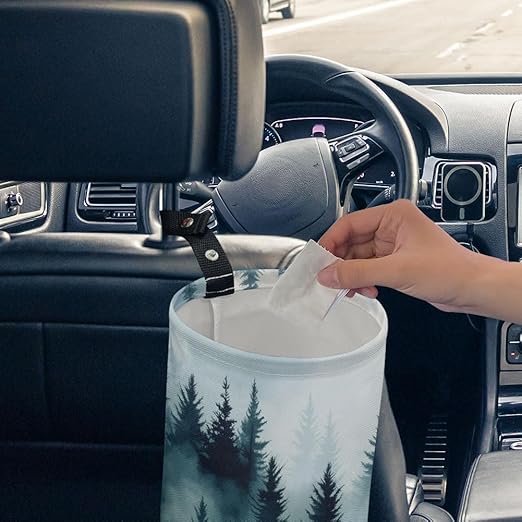 Mountain Forest Car Trash Can Waterproof Garbage Can Car-Seat Back Hanging Trash Bag Portable Camping Waste Bin Storage Bag Collapsible Rubbish Container for Cars (5.9" W,7.2" H)