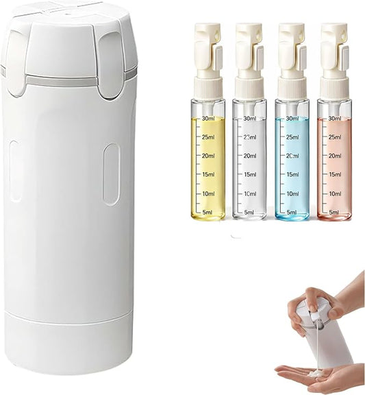4 in 1 Travel Dispenser Bottle, 30ML Leak Proof Travel Size Toiletries Containers with Labels & Scale, Portable Refillable Travel Bottles for Shampoo Lotion Conditioner Cream, Carry Friendly(1White)