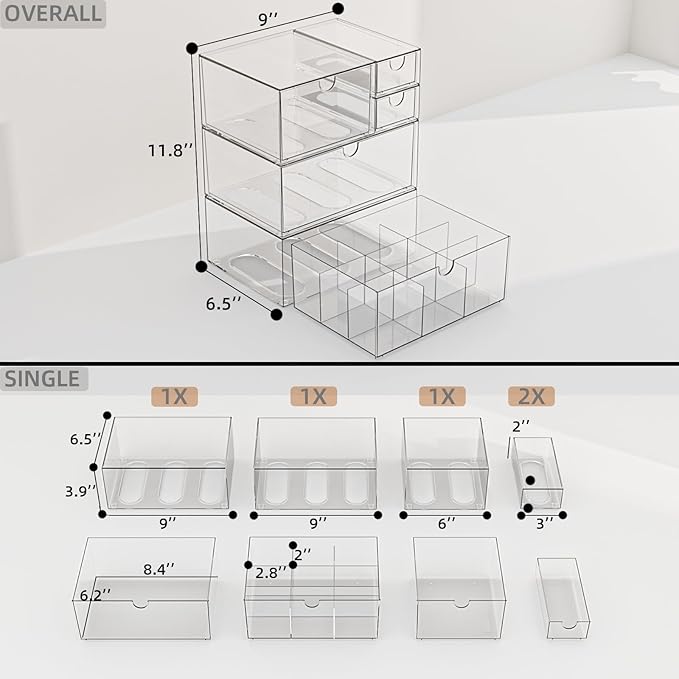 Desk Organizer Set, Clear Stackable Dustproof Storage Boxes for Desktop, Office, DIY Craft & Vertical Space Saving, Perfect for Makeup, Stationery, Jewelry Organization (5 Drawer)