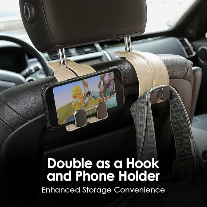 KINIVA Car Seat Headrest Storage Hooks, Set of 2, Suede PU Leather, Double Hooks (06-White)