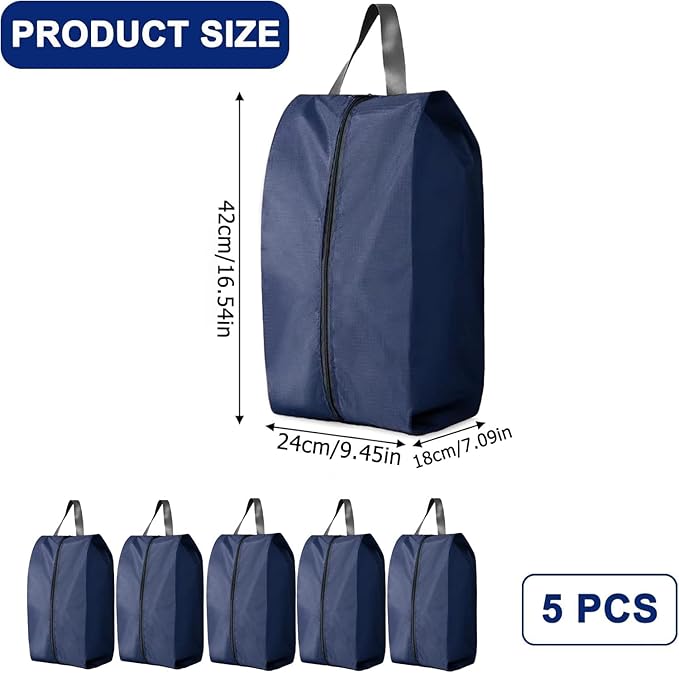 5Pcs XL Travel Shoe Bags Portable Travel Gifts Shoe Organizer with Zipper Closure, Waterproof Nylon Shoe Storage Organizer with Handle Travel Bags For Men and Women, Navy