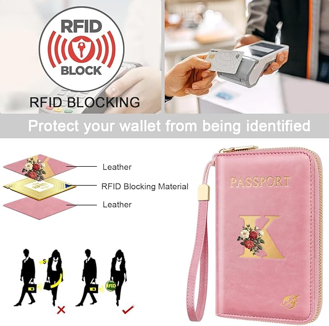 Passport Holder for Travel Personalized Passport Holder Initial Letter Rose Flower RFID Blocking Travel Wallets Credit Cards Holder for Women Men, Pink K