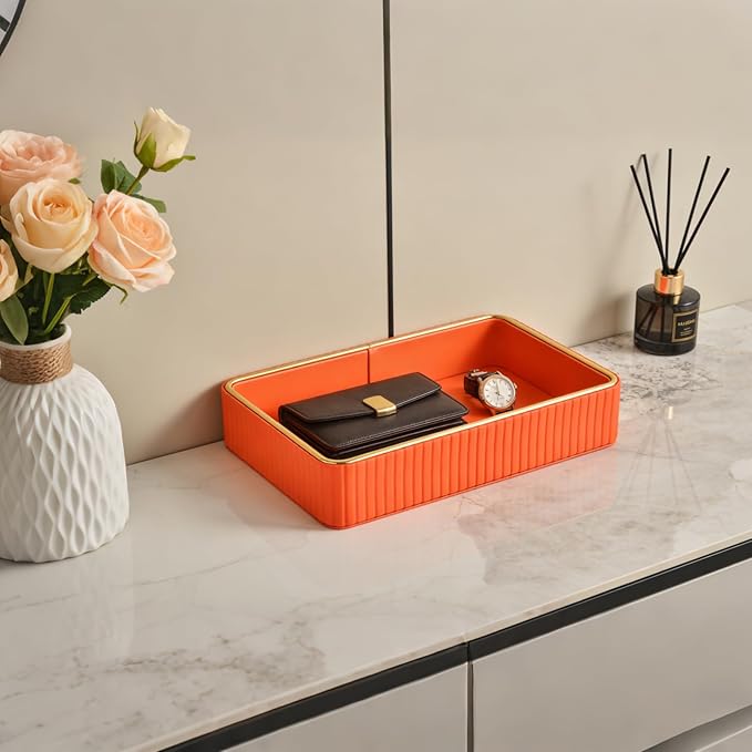 PU Leather Valet Tray,Desk Organizer Tray Nightstand Organizer Trinket Dish Storage Key Bowl Decorative Trays for Phone Wallet Jewelry Watch Bathroom Bedroom Perfume Vanity Trays,Orange