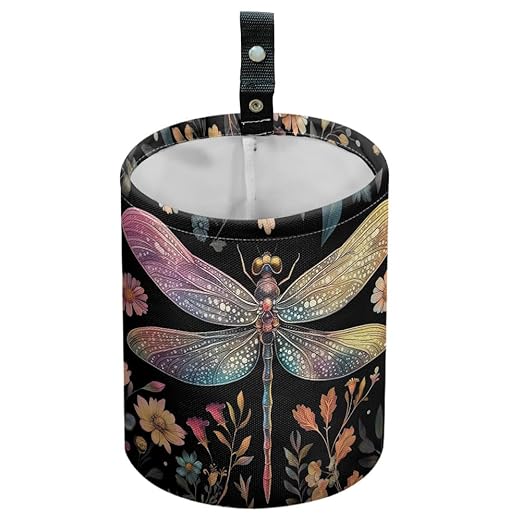Dragonfly Flower Car Trash Can Waterproof Garbage Can Car-Seat Back Hanging Trash Bag Portable Camping Waste Bin Storage Bag Collapsible Rubbish Container for Cars (5.9" W,7.2" H)