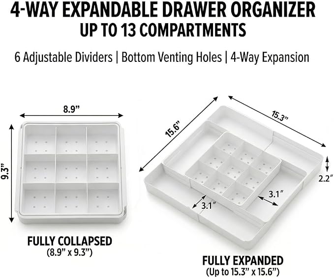4-Way Expandable Drawer Organizer, Up to 13 Compartments Desk Divider with 6 Adjustable Dividers & Non-Slip Pads, Low Profile Tray (2.2" Tall) for Office, Makeup Vanity, White