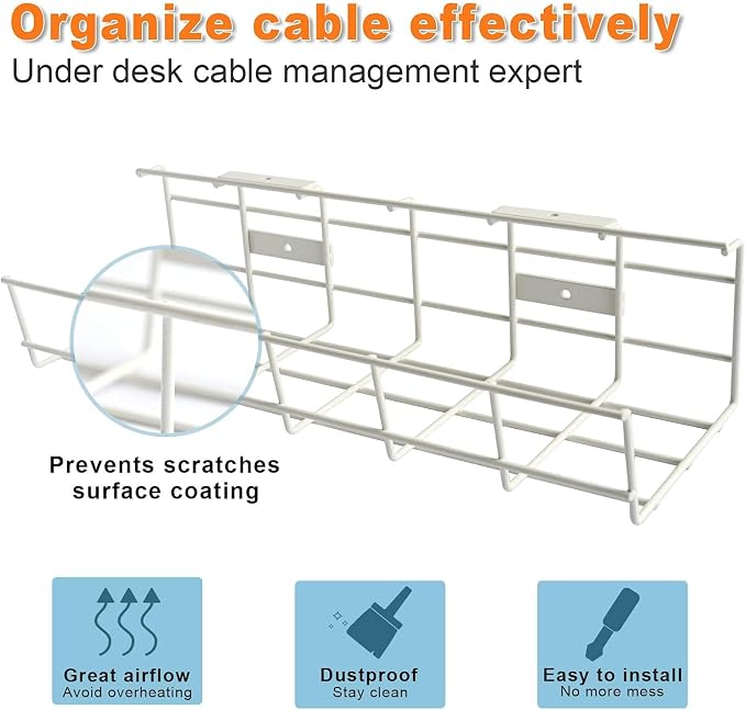 Under Desk Cable Management- 1 Pack Cord Organizer. Metal Wire Cable Management Tray for Office, Studio and Home. Super Sturdy Under Table Cable Management - White Cable Organizer