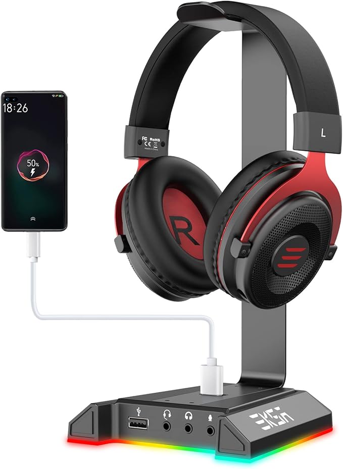 EKSA Headphone Stand, RGB Gaming Headset Stand for Desk with 7.1 Surround Sound, Headphone Holder with 3.5mm Aux and 2 USB Ports, Aluminum PC Gamer Headset Accessories for All Headphones Size