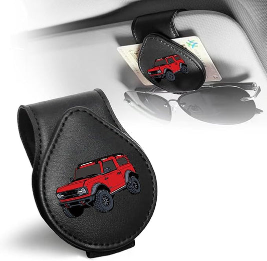 Sunglasses Holder for Car, Leather Glasses Frame, Eyeglass Hanger Card Clip for Car Sun Visor,Sunglasses Holder Compatible with Bronco (Red)