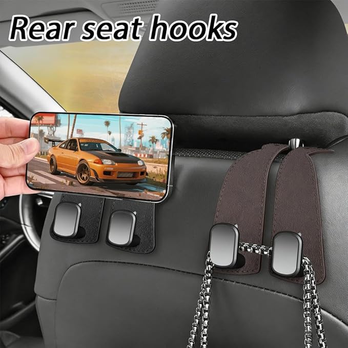 Car Purse Hook for Headrest, 2-in-1 Design with Phone Holder, Heavy Duty Metal Vehicle Storage Organizer, Universal Handbag Holder, Black Leather Seat Hangers for Grocery Bags, Clothes (Gray)