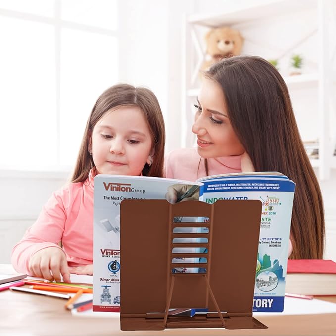 Honagu Book Stand Metal Desk Book Holder, Book Holders for Reading Hands Free, Adjustable Cookbook Documents Holder, Portable Bookstand for Music Books, Textbook, Recipe, Tablet, Ipad (Brown)