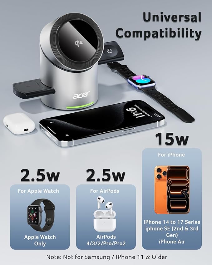 Acer Prime 3 in 1 Charging Station for Apple - Magnetic iPhone Wireless Charging Station, Magsafe Charger Stand for iPhone 17 16 15 14 13 12 - Apple Watch - Airpods Series (Charger & USB-C Included)