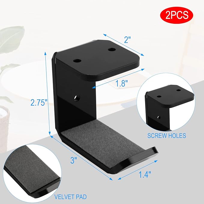 Cosmos 2 Pcs Headphone Hanger Mount Under-Desk Headset Hanger Hook Earphone Holder Wall Mount Hooks with Adhesive Tape & Screw Set Compatible with PC Gaming DJ Headset, Acrylic (Solid Black)