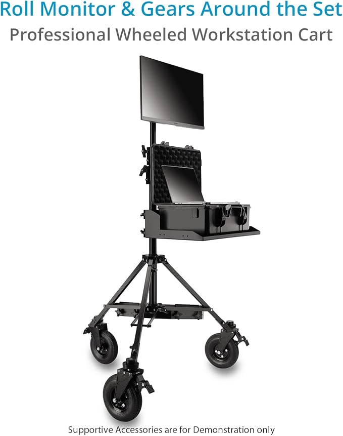 PROAIM Alpha Mobile Workstation: Height Adjustable Stand with 5/8 Baby Pin Mount, Monitor Mount, Wheel Set, Laptop & Accessory Tray. for Camera Operators, Photographers & Videomakers (TP-ALPA-02)