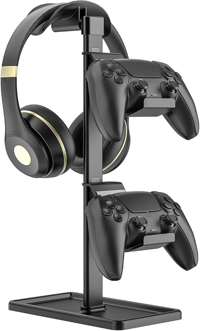 Controller Holder, Headphone Stand, Gaming Controller Stand for Xbox PS5 PS4 Switch, Headset Holder with Storage Organizer, Universal Desk Game Accessories (Black)