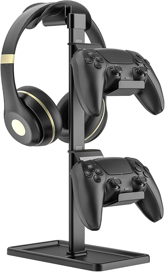 Controller Holder, Headphone Stand, Gaming Controller Stand for Xbox PS5 PS4 Switch, Headset Holder with Storage Organizer, Universal Desk Game Accessories (Black)