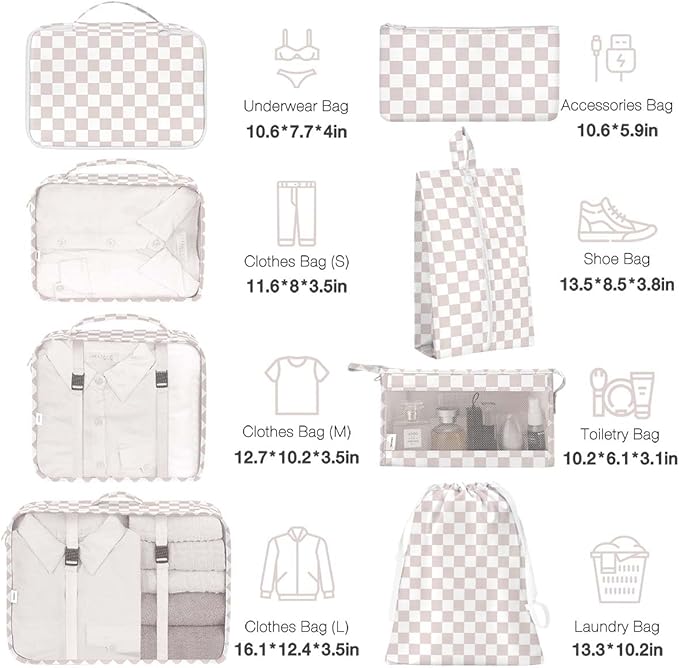 8 Set Packing Cubes for Suitcases, Packing Cubes with Shoe, Cosmetics, Clothing, Accessories Bags for Travel Luggage Organizer Women Men(Light Pink Checkered)