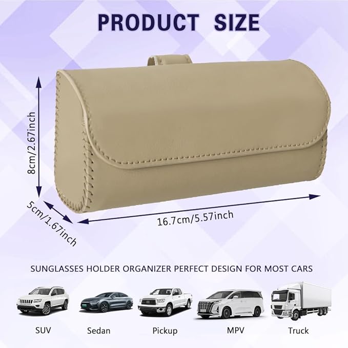 Sunglasses Holder for Car Sun Visor, Sunglass Organizer for Car, Magnetic Leather Eyeglasses Protective Storage Case, Waterproof Glasses Organizer Visor Accessories for Vehicles (Beige)