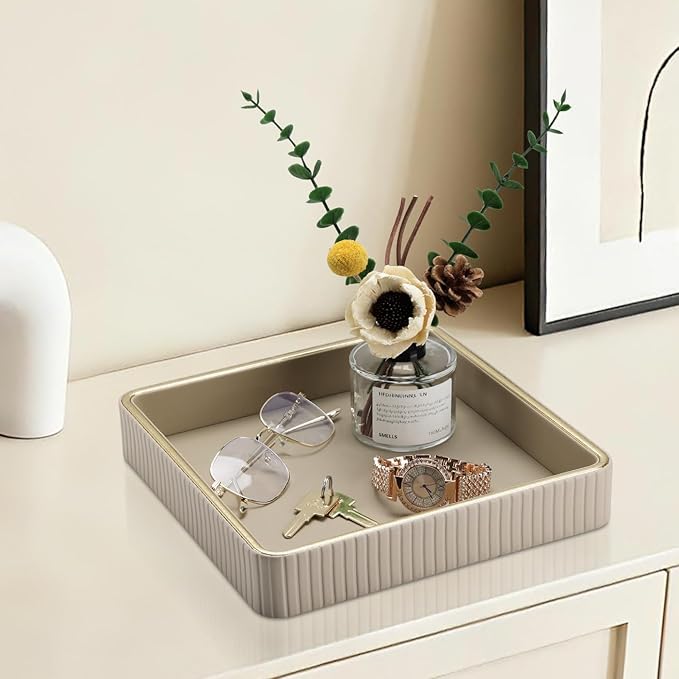 GORESE Square Perfume Tray Nightstand Organizer, PU Leather Purse Bowl Jewelry Trays for Dresser, Trinket Dish Catchall Bowl for Keys, Decorative Vanity Tray, Gift for Women, Beige(9.3'' × 9.3'')